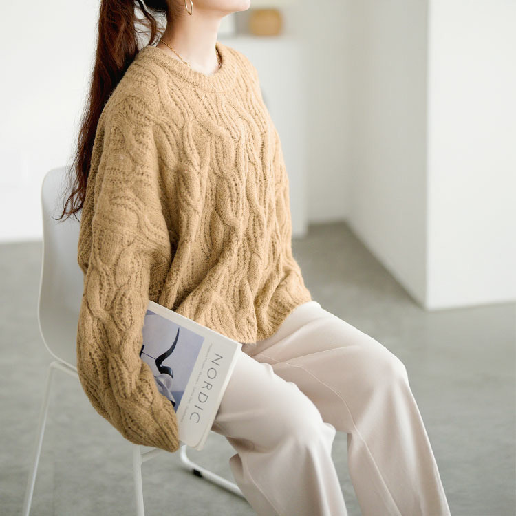 大きいサイズ レディース ケーブル編みクロップドワイドニット11