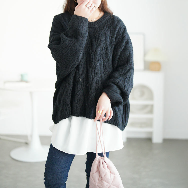 大きいサイズ レディース ケーブル編みクロップドワイドニット13