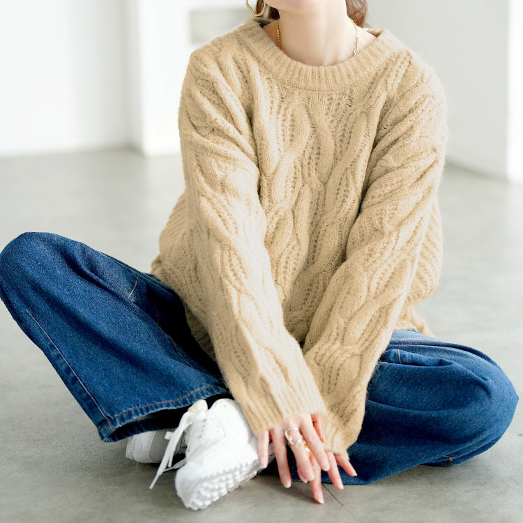 大きいサイズ レディース ケーブル編みクロップドワイドニット8