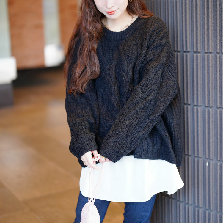 大きいサイズ レディース ケーブル編みクロップドワイドニット1