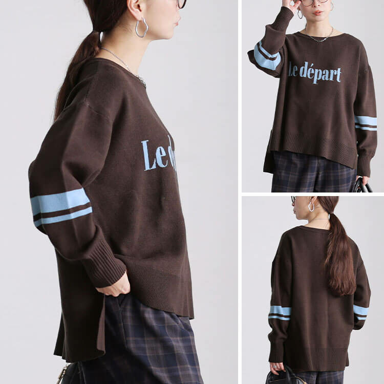 大きいサイズ レディース ロゴ&ライン配色ジャガードニット7