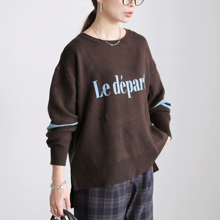 大きいサイズ レディース ロゴ&ライン配色ジャガードニット1