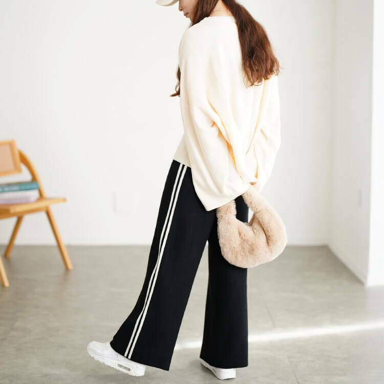 大きいサイズ レディース サイドラインセミワイドニットパンツ9