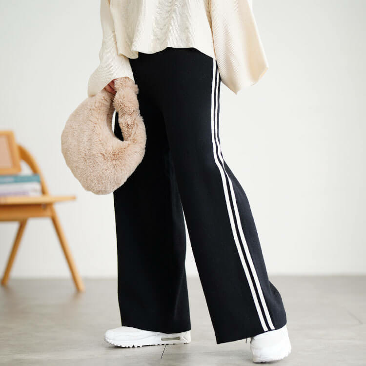 大きいサイズ レディース サイドラインセミワイドニットパンツ1