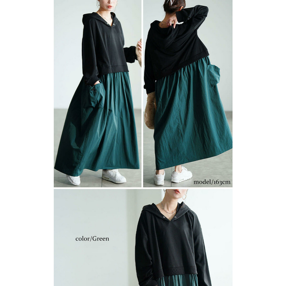 大きいサイズ レディース ドロストポケットパーカードッキングワンピース12