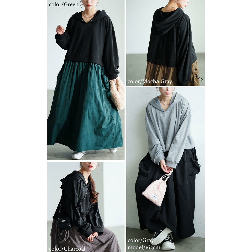 大きいサイズ レディース ドロストポケットパーカードッキングワンピース13