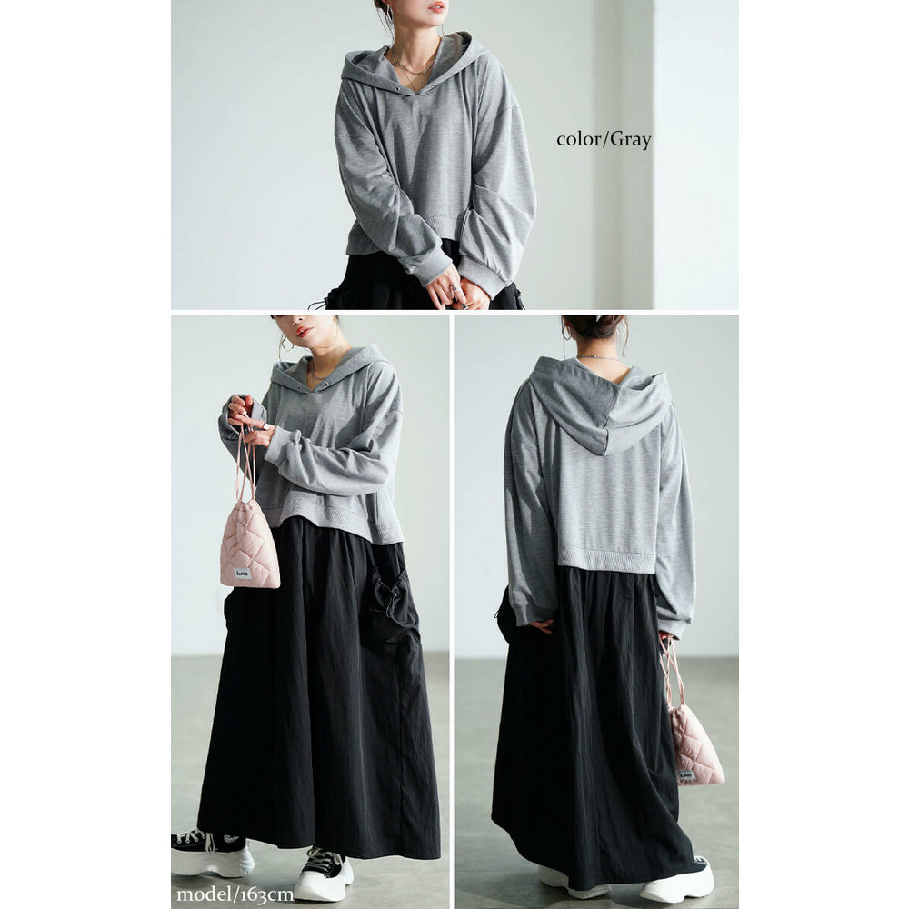 大きいサイズ レディース ドロストポケットパーカードッキングワンピース6