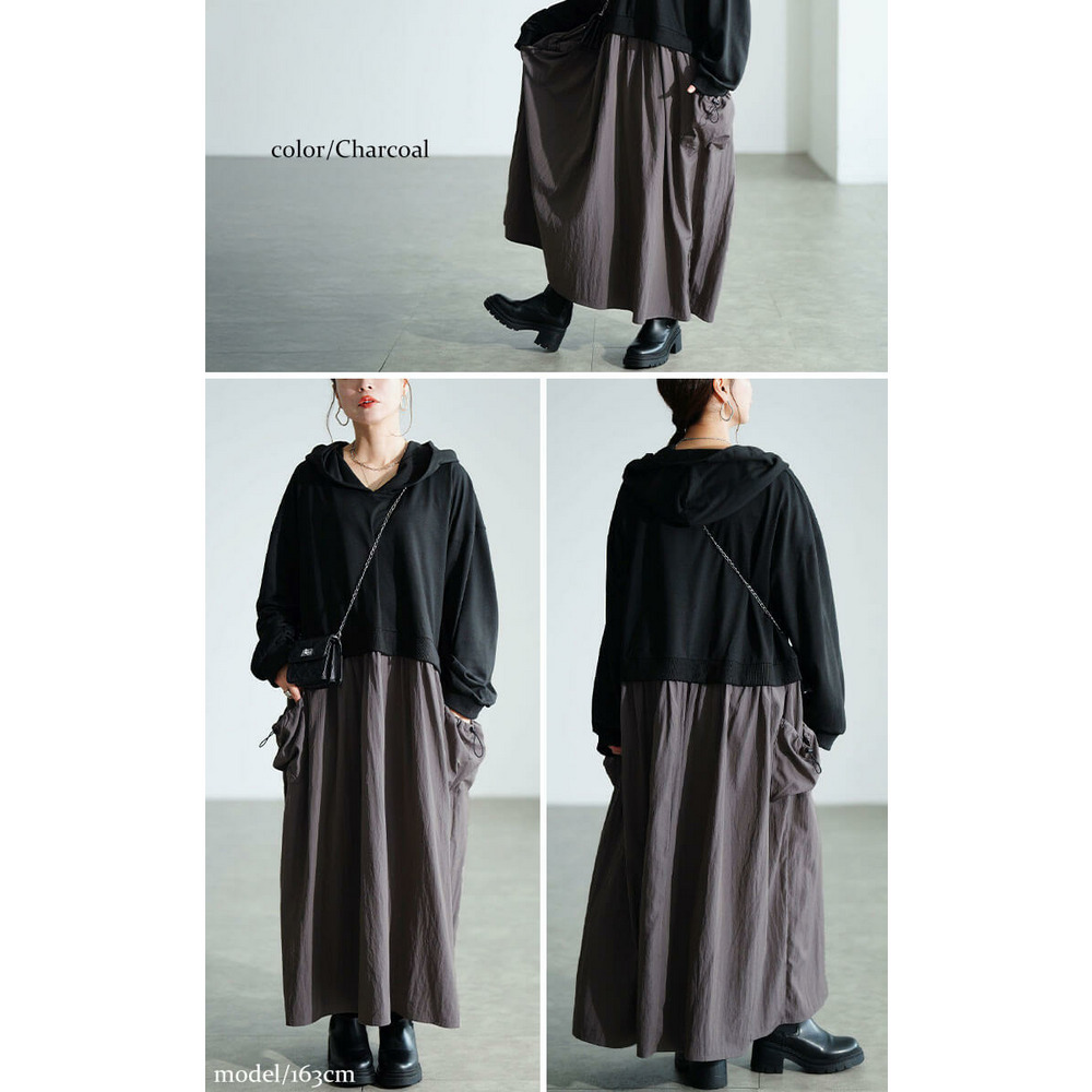 大きいサイズ レディース ドロストポケットパーカードッキングワンピース1