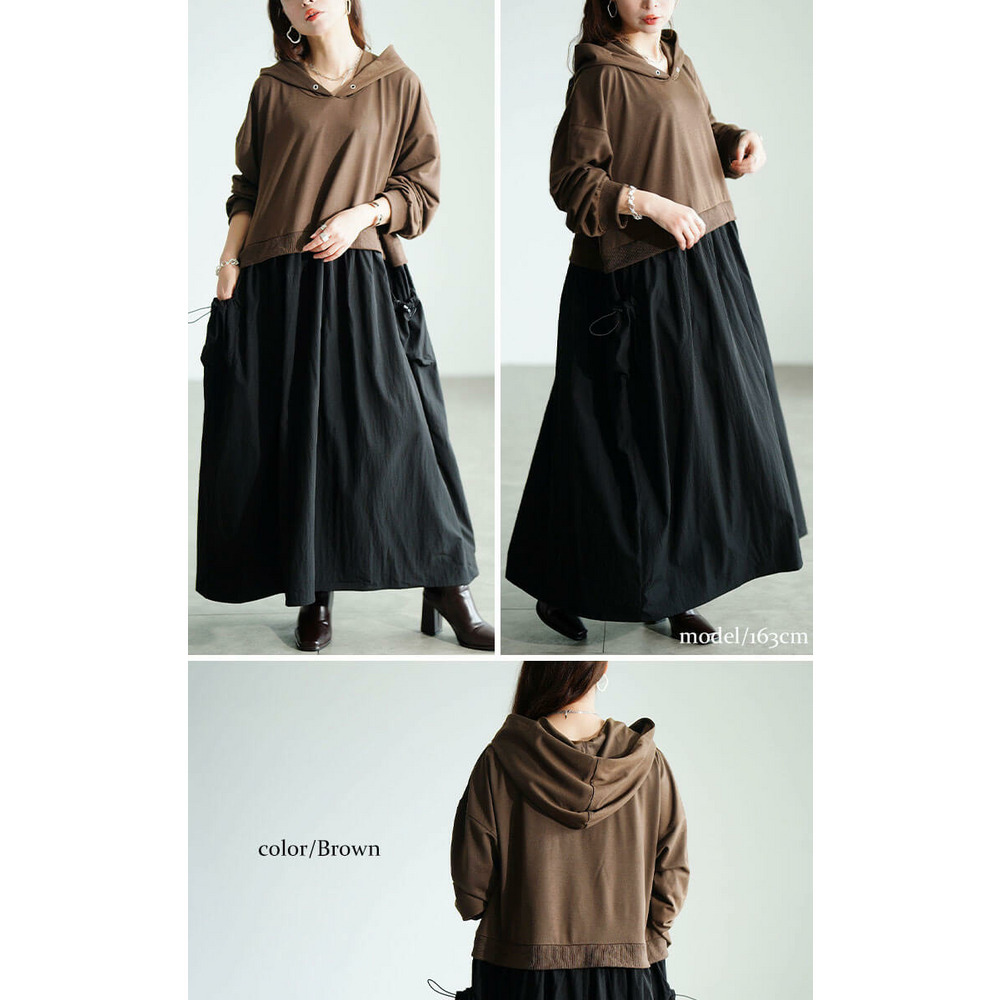 大きいサイズ レディース ドロストポケットパーカードッキングワンピース1