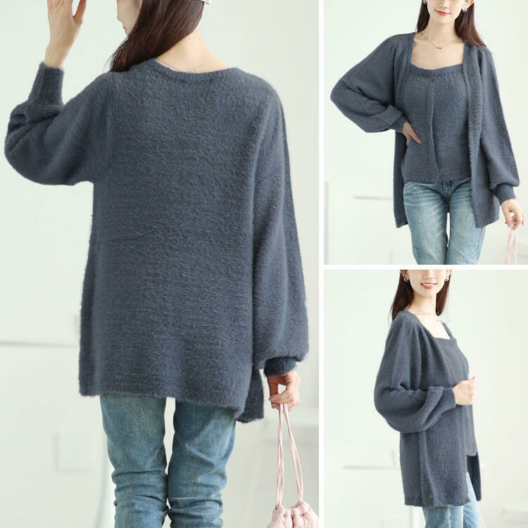 大きいサイズ レディース カーディガン重ね着風シャギーニット11