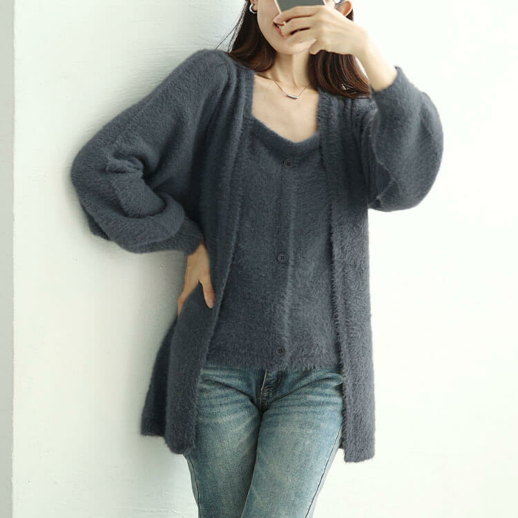 大きいサイズ レディース カーディガン重ね着風シャギーニット12