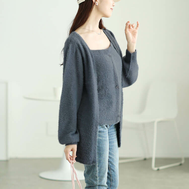 大きいサイズ レディース カーディガン重ね着風シャギーニット13