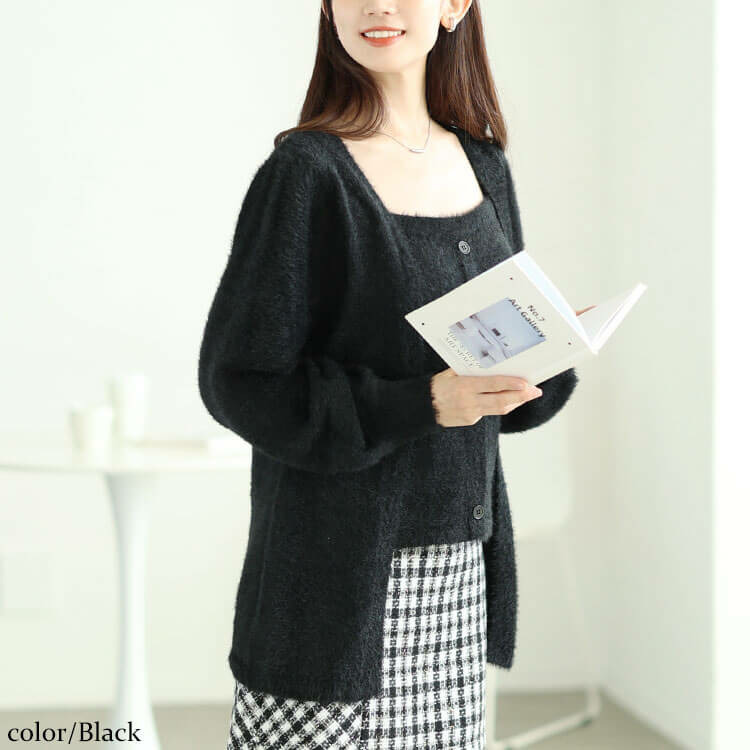 大きいサイズ レディース カーディガン重ね着風シャギーニット6