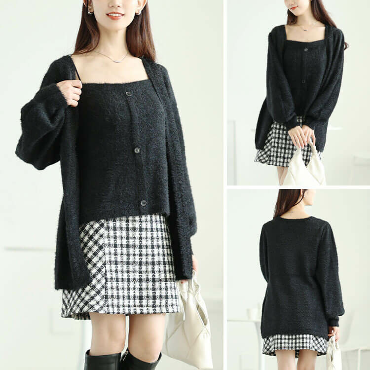 大きいサイズ レディース カーディガン重ね着風シャギーニット7