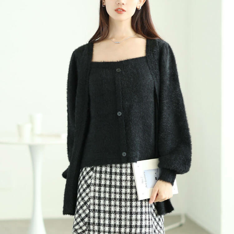 大きいサイズ レディース カーディガン重ね着風シャギーニット1