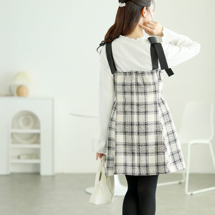 大きいサイズ レディース 肩リボンツイードミニフレアワンピース10