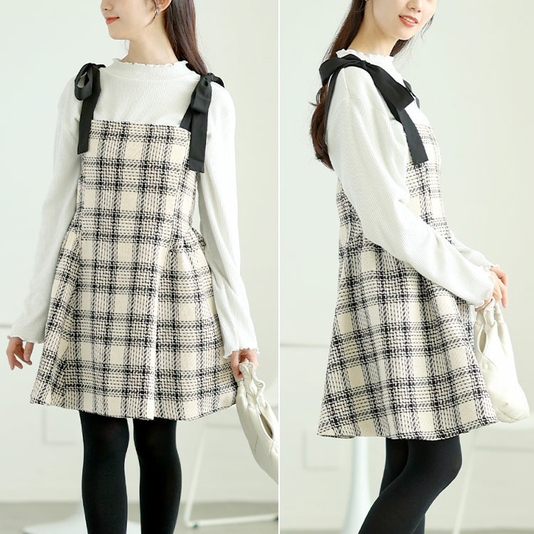 大きいサイズ レディース 肩リボンツイードミニフレアワンピース8