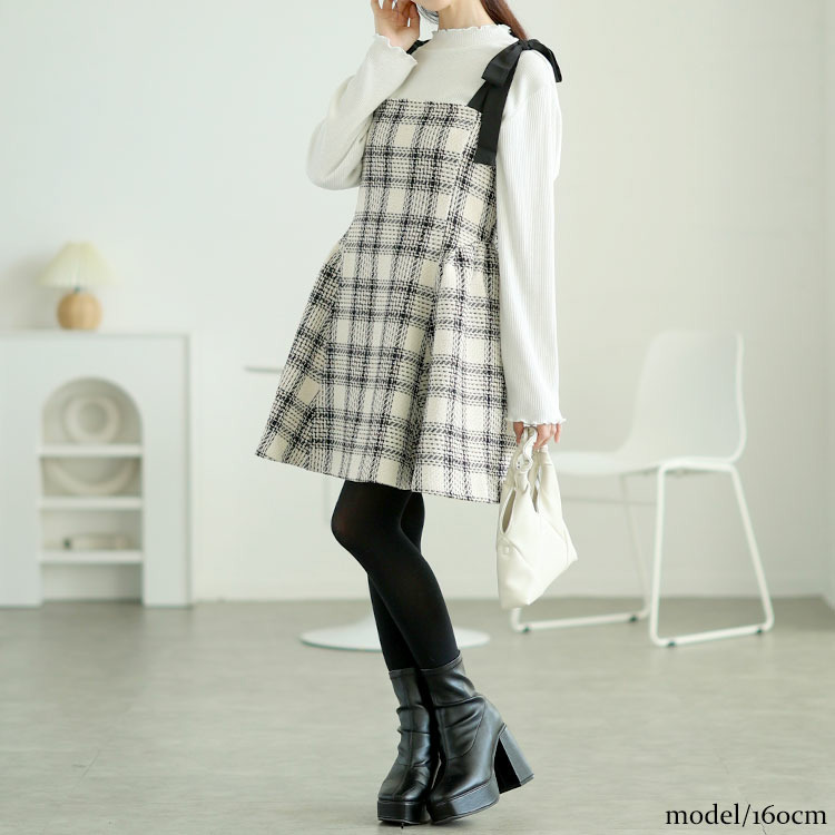 大きいサイズ レディース 肩リボンツイードミニフレアワンピース9