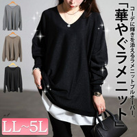大きいサイズ レディース Vネックラメドルマンニット