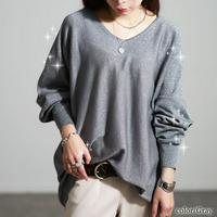 大きいサイズ レディース Vネックラメドルマンニット