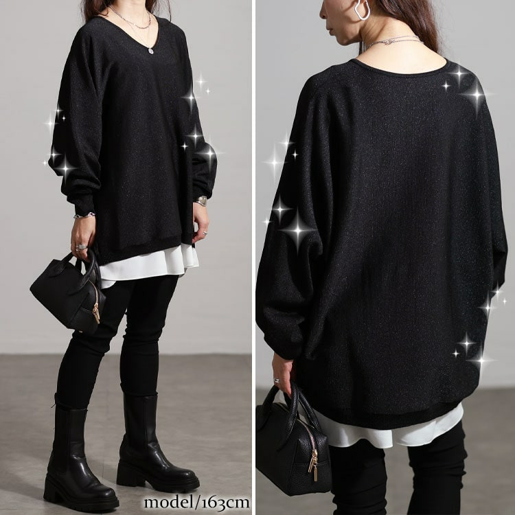 大きいサイズ レディース Vネックラメドルマンニット13