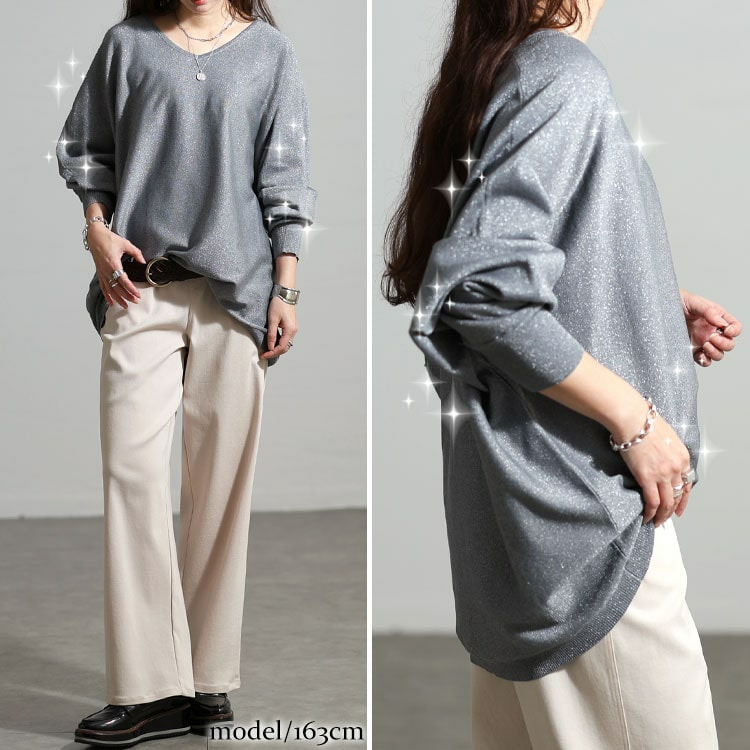 大きいサイズ レディース Vネックラメドルマンニット7