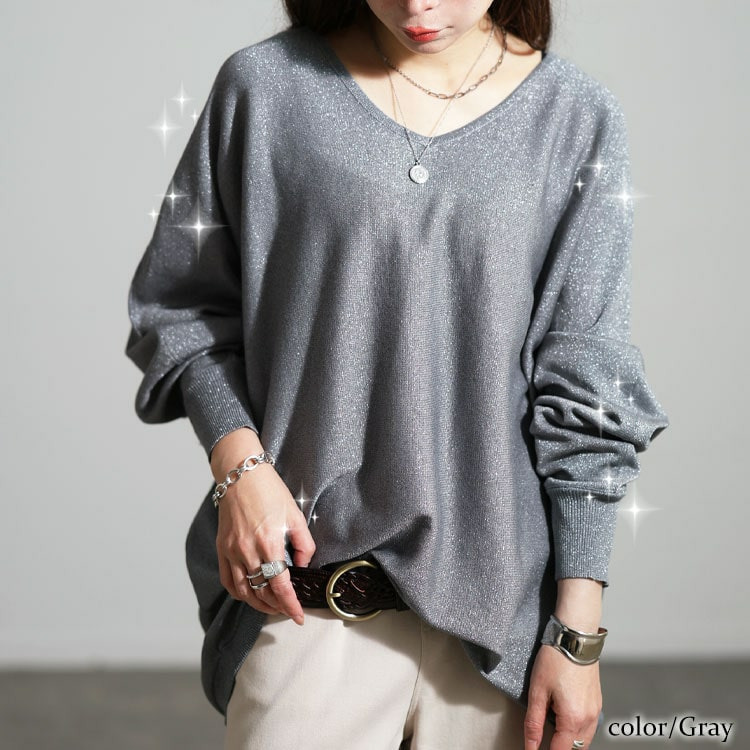 大きいサイズ レディース Vネックラメドルマンニット1