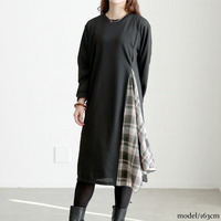 大きいサイズ レディース チェック柄アシメ切り替えワンピース