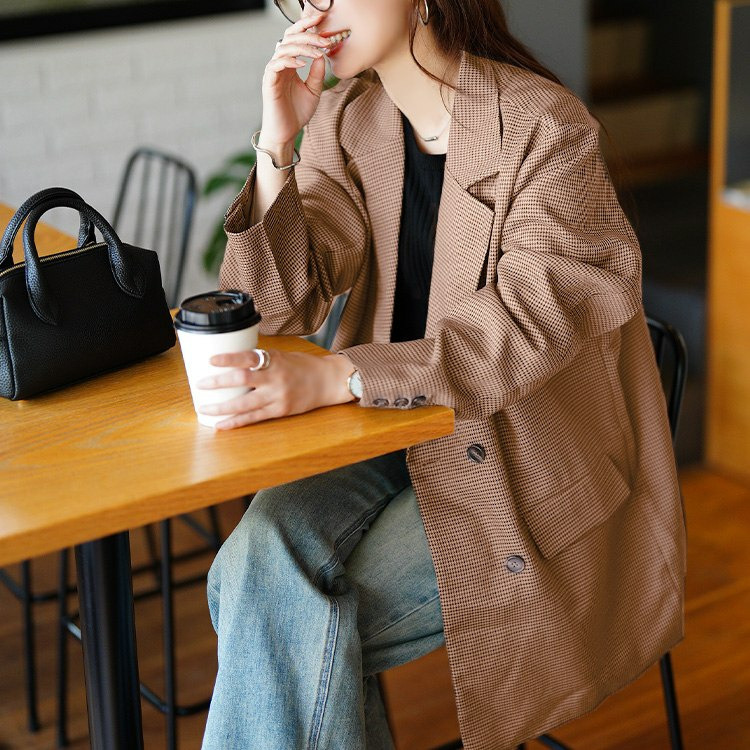 大きいサイズ レディース 千鳥格子柄ダブルジャケット