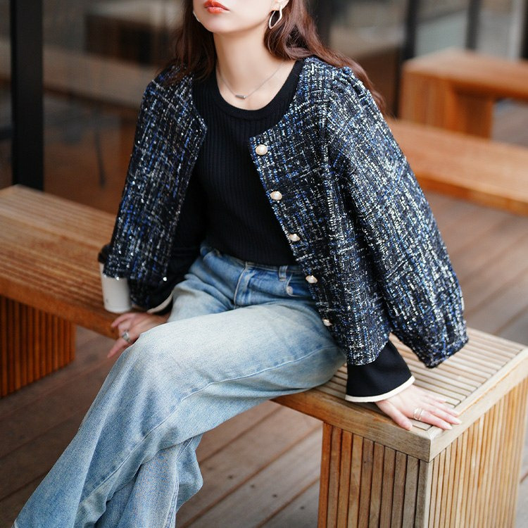大きいサイズ レディース ラメツイードクロップドジャケット