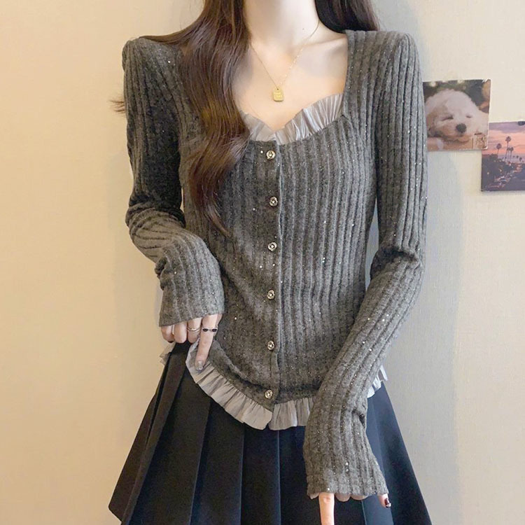 大きいサイズ レディース ビジューボタンフリルラメニットカーディガン