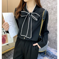 大きいサイズ レディース 首元リボンフリルブラウス