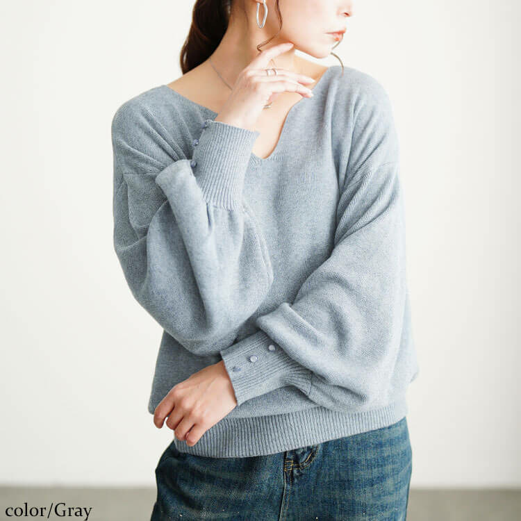 大きいサイズ レディース ボリュームスリーブキーネックニット10