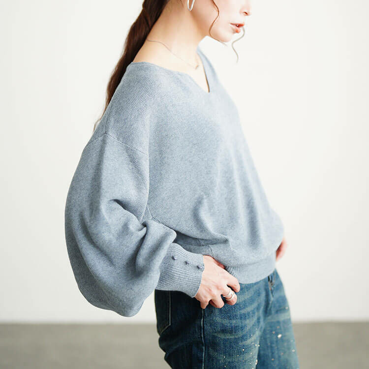 大きいサイズ レディース ボリュームスリーブキーネックニット12