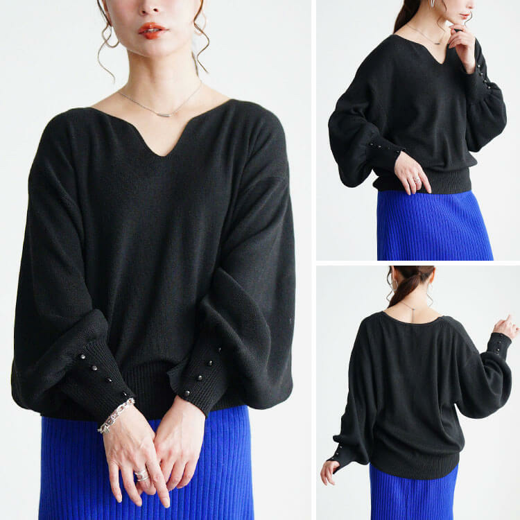 大きいサイズ レディース ボリュームスリーブキーネックニット7