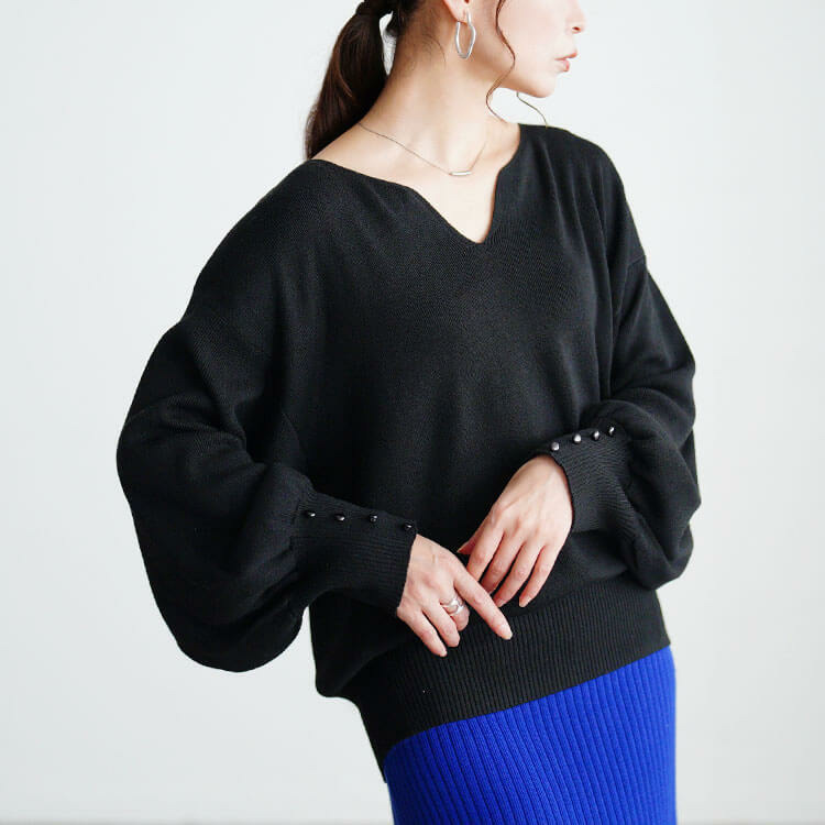 大きいサイズ レディース ボリュームスリーブキーネックニット8