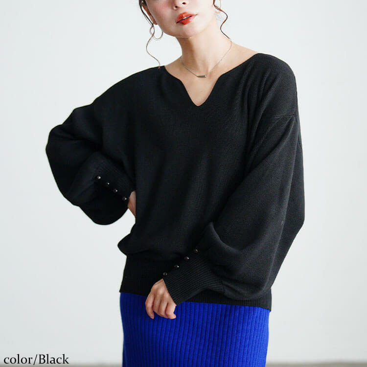 大きいサイズ レディース ボリュームスリーブキーネックニット1