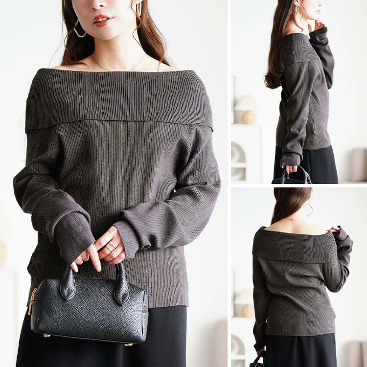 大きいサイズ レディース オフショルダーリブニット11