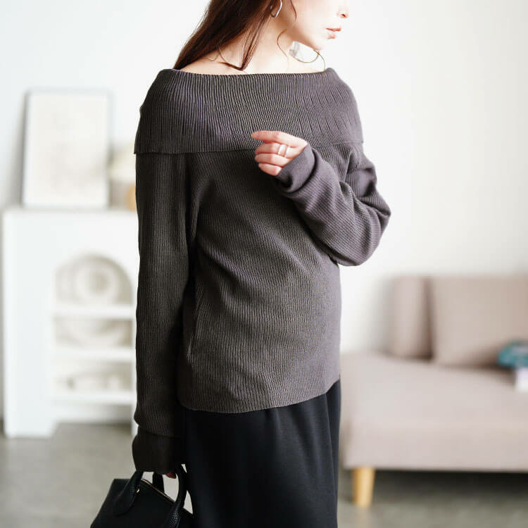 大きいサイズ レディース オフショルダーリブニット12