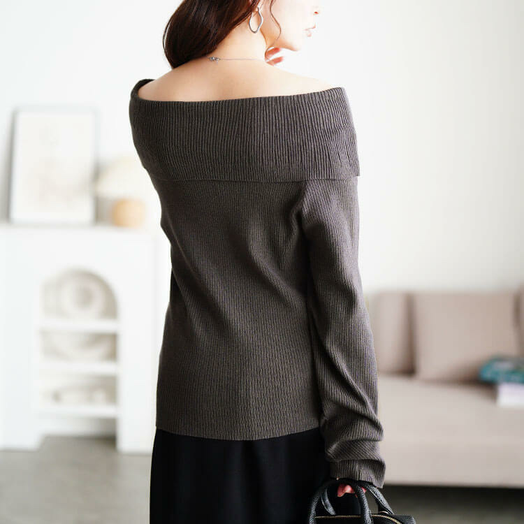 大きいサイズ レディース オフショルダーリブニット13