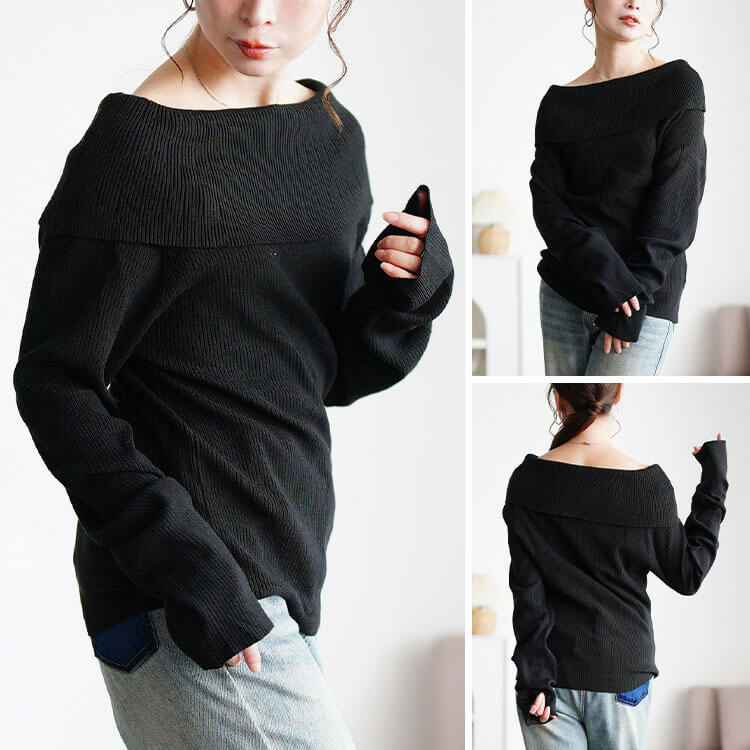 大きいサイズ レディース オフショルダーリブニット7