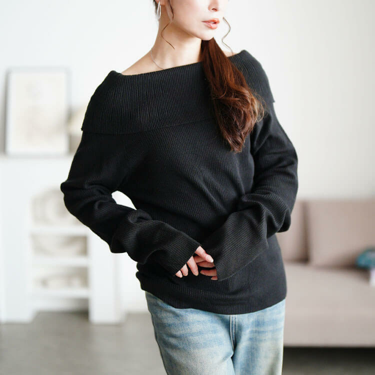 大きいサイズ レディース オフショルダーリブニット8