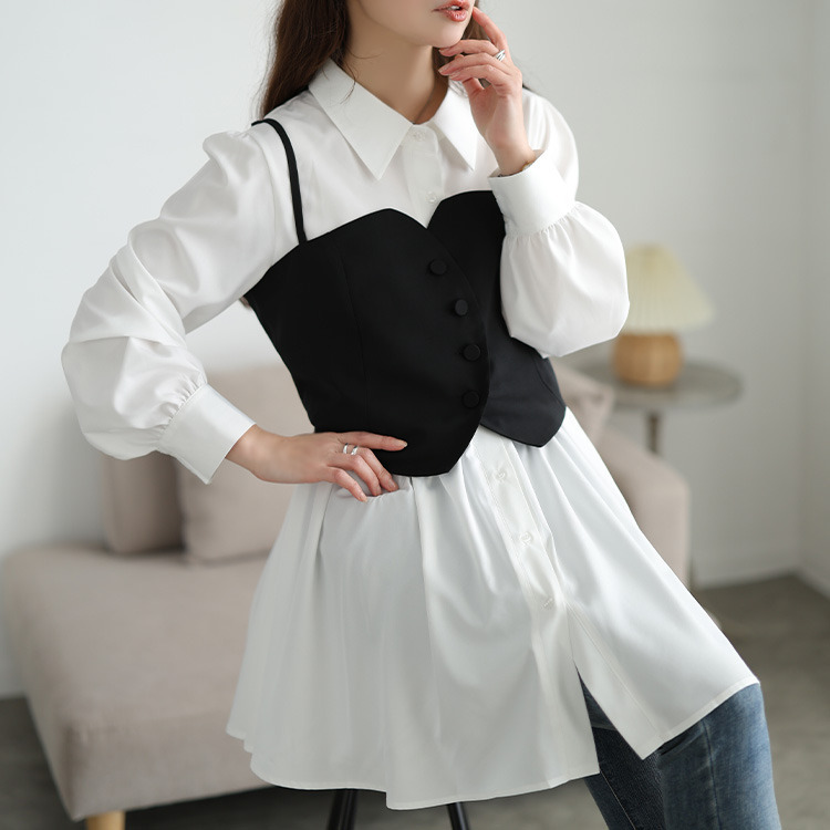 大きいサイズ レディース ペプラムシャツチュニック＆ビスチェ2点セット