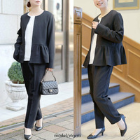 大きいサイズ レディース ペプラムジャケット＆テーパードパンツ＆ネックレス付きブラウス3点セット