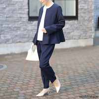 大きいサイズ レディース ペプラムジャケット＆テーパードパンツ＆ネックレス付きブラウス3点セット