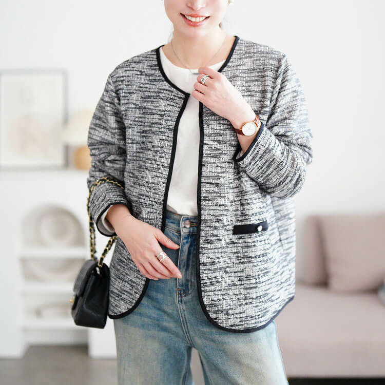大きいサイズ レディース 配色パイピングラメツイードジャケット11