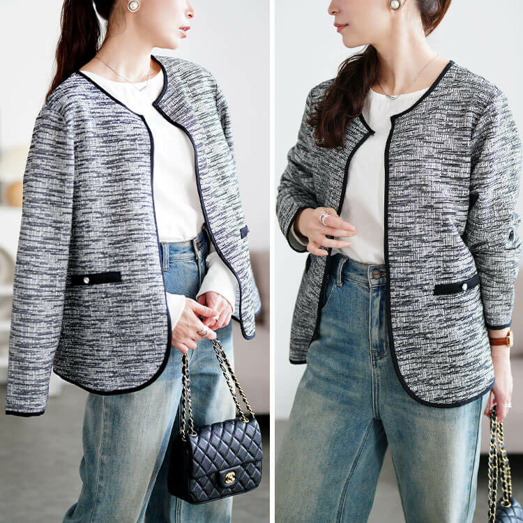 大きいサイズ レディース 配色パイピングラメツイードジャケット13