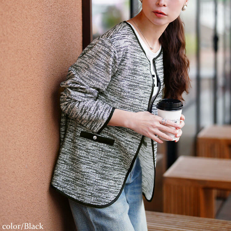 大きいサイズ レディース 配色パイピングラメツイードジャケット6