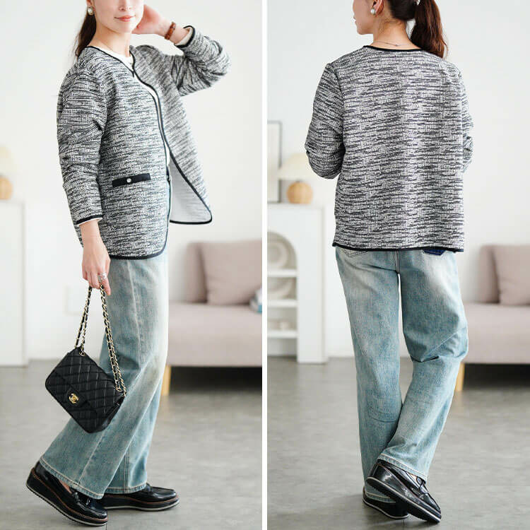 大きいサイズ レディース 配色パイピングラメツイードジャケット9