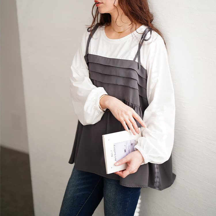 大きいサイズ レディース タックペプラムビスチェ重ね着風ロンT